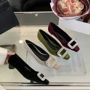 French Square Toe Chunky Heel Rhinestone Slip-On Shoes for Women 2025 Autumn Trendy Low Heel Lazy Shoes