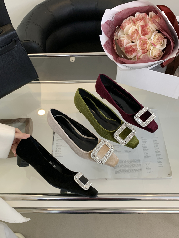 French Square Toe Chunky Heel Rhinestone Slip-On Shoes for Women 2025 Autumn Trendy Low Heel Lazy Shoes