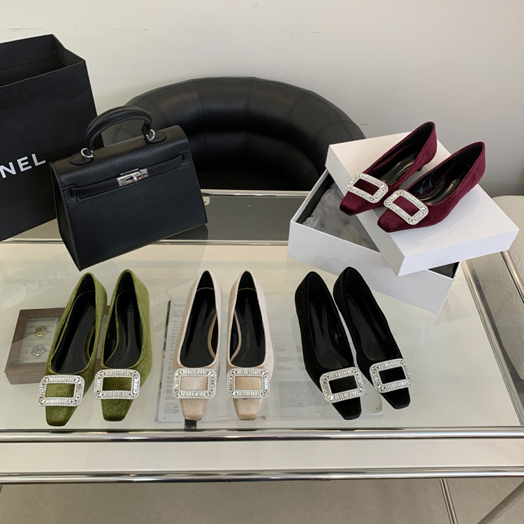 French Square Toe Chunky Heel Rhinestone Slip-On Shoes for Women 2025 Autumn Trendy Low Heel Lazy Shoes - Image 2