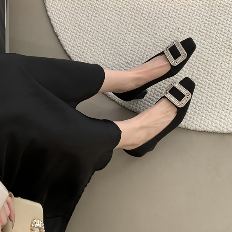 Rhinestone Height Increasing Black Flat Shoes for Women 2025 New Spring Autumn Small Size Chunky Heel High Heel Shoes - Image 4