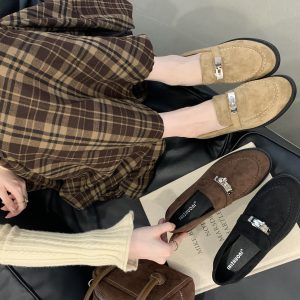 2025 Autumn New Suede Loafer Shoes for Women British Style Casual Slip-On Flat Shoes