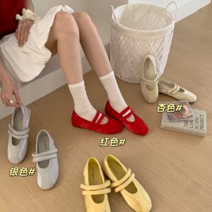 Retro Satin Flat Mary Jane Shoes with Velcro for Women 2026 New Style Comfortable Soft Sole